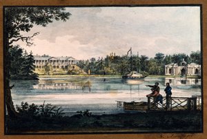 ""Galeria de Camarões no Palácio de Catarina em Tsarskoye Selo"" por Valerian Platonovich Langer (1799-1870), Litografia, aquarela, ca 1820, Museu Estatal ao Ar Livre Tsarskoye Selo, São Petersburgo de Valerian Platonovich Langer