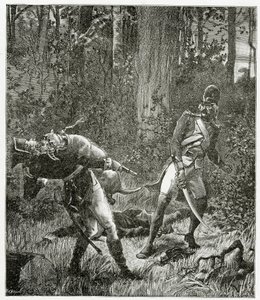 Rask o cão matando um soldado inglês - ilustração de Bug-Jargal, gravura do século XIX bw de Valnay Pere et fils