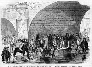 o pescador tem a linha no fundo da ponte nove em paris em 1868 durante a baixa-mar. desenho por Desroches - Valnay. de Valnay Pere et fils