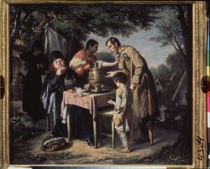 A beber chá em Mytishchi (Mytischi), perto de Moscovo (monges ortodoxos a beber chá num jardim, um aleijado e uma criança miserável a mendigar, empurrados por um criado) Pintura por Vasili (Vassili) Grigorievich Perov (1834-1882), óleo sobre tela de Vasili Grigorevich Perov