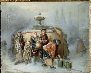 A Fila na Fonte. Em pleno Inverno, os habitantes da cidade esperam a sua vez, com o vento frio e o nevoeiro, para encher o seu balde com água potável. Pintura por Vasili (Vasili) Grigoryevich Perov (1834-1882), óleo de Vasili Grigorevich Perov