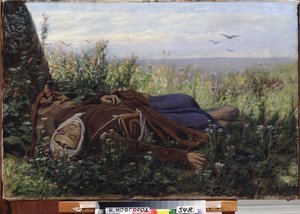 Um camponês num campo. Pintura por Vasili (Vasili) Grigoryevich Perov (1834-1882), óleo sobre tela de Vasili Grigorevich Perov