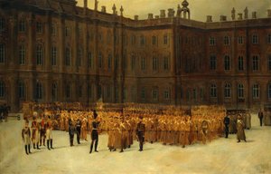 insurrection decembriste ou Insurrection decabriste (1825) - Nicholas I perante a Unidade de Formação do Batalhão de Engenheiros de Campo dos Guias de Vida na Corte do Palácio de Inverno no dia 14 de Dezembro de 1826-1886, Vasili Nikolayevich. Óleo sobre t de Vasili Nikolayevich Maxutov