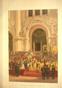 O casal imperial saindo da Catedral de Cristo Salvador do álbum da coroação, 1883