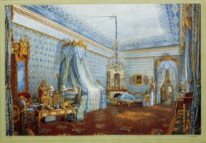 A Sala no Palácio Yusupov em São Petersburgo. Obra de Vasily Semyonovich Sadovnikov (1800-1879), aguarela sobre papel. Arte russa