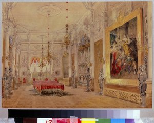 A sala de jantar na Manor House Verki. Obra de Vasily Semyonovich Sadovnikov (18000-1879), aquarela sobre tela de Vasili Semenovich Sadovnikov