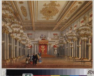 A Sala do Trono (Sala de São Jorge) do Palácio de Inverno em São Petersburgo. Trabalho de Vasily Semyonovich Sadovnikov (1800-1879), aguarela sobre papel. Arte russa do século XIX. A. Museu Memorial Pushkin, São Petersburgo.