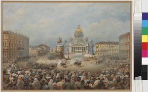 Cerimônia de abertura do Monumento a Nicholas I na Praça Mariinsky - Vasily Semyonovich Sadovnikov (1800-1879). Aguarela e cor branca sobre papel