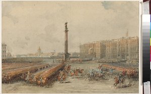 Desfile do Regimento de Cavalos Salva-Vidas na Praça do Palácio - Vasily Semyonovich Sadovnikov (1800-1879). Aguarela e cor branca sobre papel de Vasili Semenovich Sadovnikov