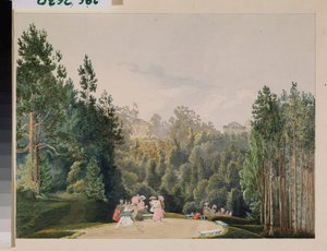 Cena num parque. Trabalho de Vasily Semyonovich Sadovnikov (1800-1879), aguarela sobre papel