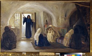 Provocando Lágrimas de Alegria (Uma jovem radiante entra em uma casa onde todos estão sentados deprimidos e chorando) (Inaugurada em uma alegria chorosa) - Pintura de Vasili Dmitrievich Polenov (1844-1927), óleo sobre tela (80x141 cm), 1899-1905 - Estado de Vasilij Dmitrievich Polenov