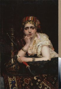 Uma odalisca. (Retrato de uma mulher de harém, com um olhar melancólico, segurando um narguilé). Pintura de Vasili Dmitrievich Polenov (1844-1927), óleo sobre tela. Arte russa do século XIX, orientalismo. Museu Nacional de Arte da República Bielorrussa, Mi de Vasilij Dmitrievich Polenov