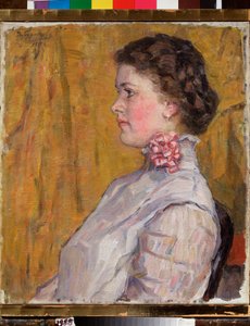 Retrato de uma mulher em um fundo amarelo (Retrato feminino em um fundo amarelo) - Pintura de Vasilli Ivanovich Surikov (Vasily Surikov ou Vassili Surikow) (1848-1916), óleo sobre tela de Vasilij Ivanovic Surikov