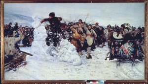 Storm of Snow Fortress (Cena popular de regozijo durante a semana dos cuidados ortodoxos, maslenitsa) - Pintura de Vasilli Ivanovich Surikov (Vasily Surikov ou Vasily Surikow) (1848-1916), óleo sobre tela de Vasilij Ivanovic Surikov