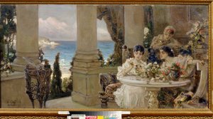 Sur la terrasse - Peinture de Vassili (Vasili, Vasilii, Wilhelm) Alexandrovich Kotarbinsky (Kotarbinski, Kotarbinskii) (1849-1921), huile sur toile - No terraço, Óleo sobre tela por Vasilii Alexandrovich Kotarbinsky - Museu Regional de Arte, Kirovohrad de Vasily Alexandrovich Kotarbinsky