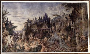 Uma orgia (uma orgia). Cena de festa em frente aos antigos palácios romanos, reunindo um cortejo dionisíaco de sátiros e bacantes, em cenas de banho. Obra de Vassili (Vasili, Vasilii, Wilhelm) Alexandrovich Kotarbinsky (Kotarbinski, Kot de Vasily Alexandrovich Kotarbinsky