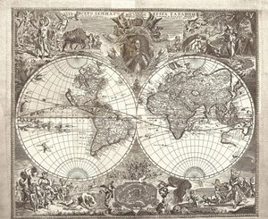 Mapa de hemisfério duplo do mundo, 1713 de Vasily Anufrievich Kiprianov
