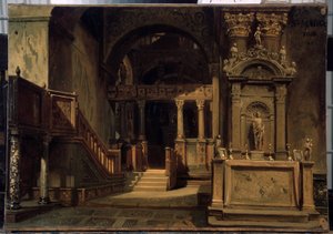 Interieur de la basilique Saint Marc a Venise (Italie) (Interior da Basílica de São Marcos em Veneza). Peinture de Vasili Grigorievich Khudyakov (1826-1871). Huile sur toile, 29,5 x 41 cm de Vasily Grigorievich Khudyakov