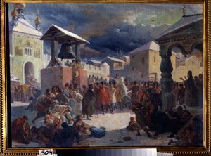 A veche (assembléia popular medieval dos países eslavos) na república de Novgorod (A veche na república de Novgorod). Pintura de Vasili Grigorievich Khudyakov (1826-1871). Óleo sobre tela de Vasily Grigorievich Khudyakov