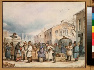 The Hay market Place in Saint Petersburg - Obra de Vasili Ivanovich Shternberg (1818-1845), aguarela sobre papel de Vasily Ivanovich Sternberg
