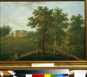 O Templo da Verdade. Vista do Parque da Propriedade Kurakin em Nadezhdina (Rússia) (Templo da Verdade. Vista do Parque da Propriedade Kurakin Nadezhdina). Pintura de Vasily Petrovich Prichetnikov (1767-1809), óleo sobre tela, por volta de 1790. Arte russa de Vasily Petrovich Prichetnikov