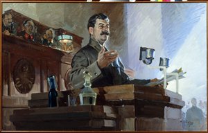 Joseph Stalin (Estaline) (Joseph Vissarionovich Dzhugashvili) (1879-1953) redefiniu a constituição soviética (constituição de Estaline) no 8º Congresso Extraordinário dos Soviéticos a 5 de Dezembro de 1936. Vyacheslav Molotov (1890-1986) é visto no dr de Vasily Semyonovich Svarog