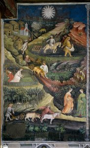 Abril: lavoura e semeadura de campos. Cena agrícola com arado, grade e ferramentas agrícolas no campo. Pintura do Mestre dos Meses ou Mestre Wenceslas (Maestro dei Mesi ou Maestro Wenceslao em italiano, início do século XV) r