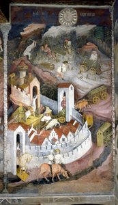 Dezembro: os madeireiros recolhem a madeira e a trazem de volta para a cidade de Trento onde estão representados a muralha e o castelo de Buonconsiglio. Pintura pelo Mestre dos Meses ou Mestre Wenceslas (Maestro dei Mesi ou Maestro Wenceslao em italiano, c