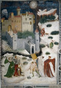 Mês de Janeiro: paisagem de neve com aristocratas e caçadores. Os aristocratas jogam bolas de neve enquanto os caçadores vão caçar com os seus cães. No fundo o castelo do Castello di Stenico e um homem com a chave está pronto para abrir a porta da fortalez