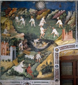 Mês de Julho: actividades de verão. Corte de trigo, pesca, transporte de falcões. No fundo, um camponês afia a lâmina do seu falso. Nós oferecemos à senhora em primeiro plano um falcão. Pintura pelo Mestre dos Meses ou Mestre Wenceslas (Maestro dei Mesi o