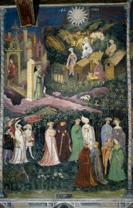 Mês de Junho: dança de damas e cavaleiros. No fundo trata de vacas e queijos feitos com leite. Pessoas carregadas de comida estão saindo do castelo. O Cardeal Bernardo Cles (1485-1539), o patrocinador do quadro refeito por Fogolino, está representado em