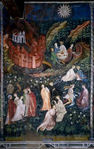 Mês de Maio: casais de jovens aristocratas e senhora num roseiral (jardim de rosas). Cena de amor e paz entre rosas. No fundo da mesa as pessoas comem as suas refeições e bebem água de nascente de uma fonte. Uma cidade fortificada está representada à direi