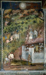 Mês de Novembro: actividades de inverno. Os criadores de porcos voltam à cidade e os caçadores vão à caça de ursos. Pintura do Mestre dos Meses ou Mestre Wenceslas (Maestro dei Mesi ou Maestro Wenceslao em italiano, início do século XV) restaurada por Marc