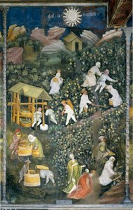 Outubro: cena da vindima, vindima das uvas e preparação do mout (prensagem do vinho). Pintura do Mestre dos Meses ou Mestre Wenceslas (Maestro dei Mesi ou Maestro Wenceslao em italiano, início do século XV) restaurada por Marcello Fogolino em torno de
