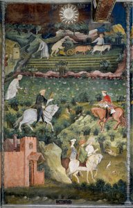 Setembro: Caça ao Falcão e arado do campo. Cena agrícola com carroça puxada por bois e ferramentas agrícolas. Pintura pelo Mestre dos Meses ou Mestre Wenceslas (Maestro dei Mesi ou Maestro Wenceslao em italiano, início do século XV) resto