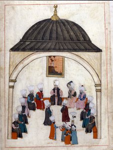 Administração sob o Império Otomano: uma audiência presidida pelo Grande Vizir. Miniatura de "Turkish Memorials" (códice Cicogna 1971 "Memorie Turchesche") Aguarela da escola veneziana do século XVII. de Venetian School