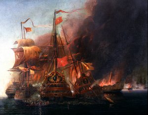 Batalha entre as frotas otomanas e as frotas venezianas ao largo de Famagusta durante o cerco de Chipre em 1570 Pintura da escola veneziana do século XVI. Istambul, Museu Naval