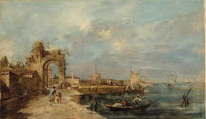 Caprice, com arco em ruínas e porto de mar de Venetian School