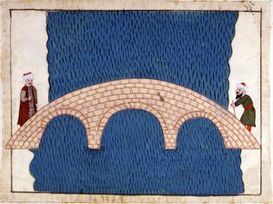 Constantinopla. Ponte Galata. Miniatura de "Turkish Memorials" (codex Cicogna 1971 "Memorie Turchesche") Aguarela da escola veneziana do século XVII. de Venetian School