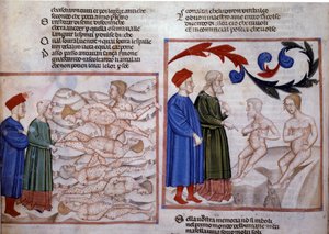 Dante e Virgílio em conversa com Grifolino de Arezzo e Capocchio de Siena. Século XIV (miniatura) de Venetian School