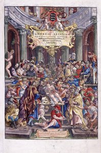 Anatomista e médico flamengo, Andreas Vesalius, dando uma aula na escola de medicina de Bruxelas, 1543