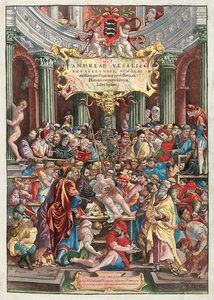 O frontispício à fabrica do corpo humano por Andreas Vesalius (1514-1564), publicado pela John Oporin, Basel, junho 1543 (gravura da cor) (ver também 233019)