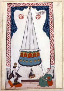Vista interior de uma residência na Turquia sob o Império Otomano. Miniatura de "Turkish Memorials" (codex Cicogna 1971 "Memorie Turchesche") Aguarela da escola veneziana do século XVII. de Venetian School