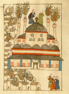 Ms. cicogna 1971, em miniatura da "Memorie Turchesche", representando a Hagia Sophia durante o incêndio de 1660 de Venetian School