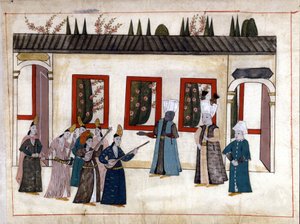 O Sultão visita o favorito com a mãe e chefe dos Eunucos. Miniatura de "Turkish Memorials" (codex Cicogna 1971 "Memorie Turchesche") Aguarela da escola veneziana do século XVII. de Venetian School