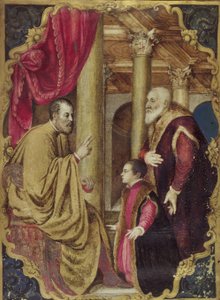 Senador veneziano ou Doge apresentando seu filho ao seu santo padroeiro (óleo sobre papel colocado em painel) de Venetian School