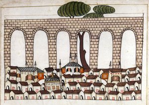 Vista de Constantinopla e do seu aqueduto. Miniatura de "Turkish Memorials" (codex Cicogna 1971 "Memorie Turchesche") Aguarela da escola veneziana do século XVII. de Venetian School