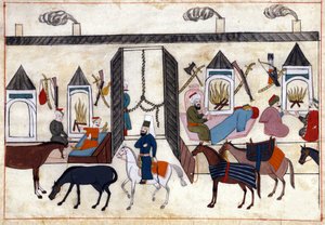 Vista do interior de uma caravana na Turquia sob o Império Otomano. Miniatura de "Turkish Memorials" (codex Cicogna 1971 "Memorie Turchesche") Aguarela da escola veneziana do século XVII. de Venetian School
