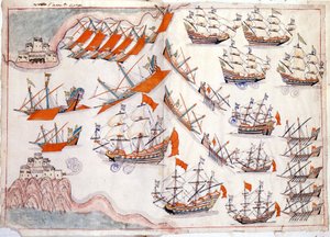 Guerra entre Veneza e o Império Otomano: Batalha dos Dardanelos que viu a vitória do capitão veneziano Lorenzo Marcello em 1655 (aguarela)