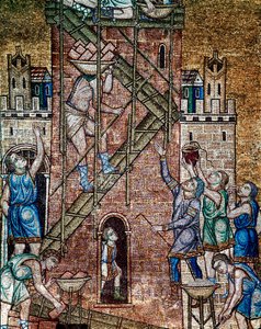 Arquitectura bizantina: "a construção da torre de Babel" No local, os trabalhadores machões, montados em andaimes, colocam as pedras da torre. Mosaico feito por artistas venezianos Basílica de San Marco (Basílica de São Marcos) do século XIII, Veneza